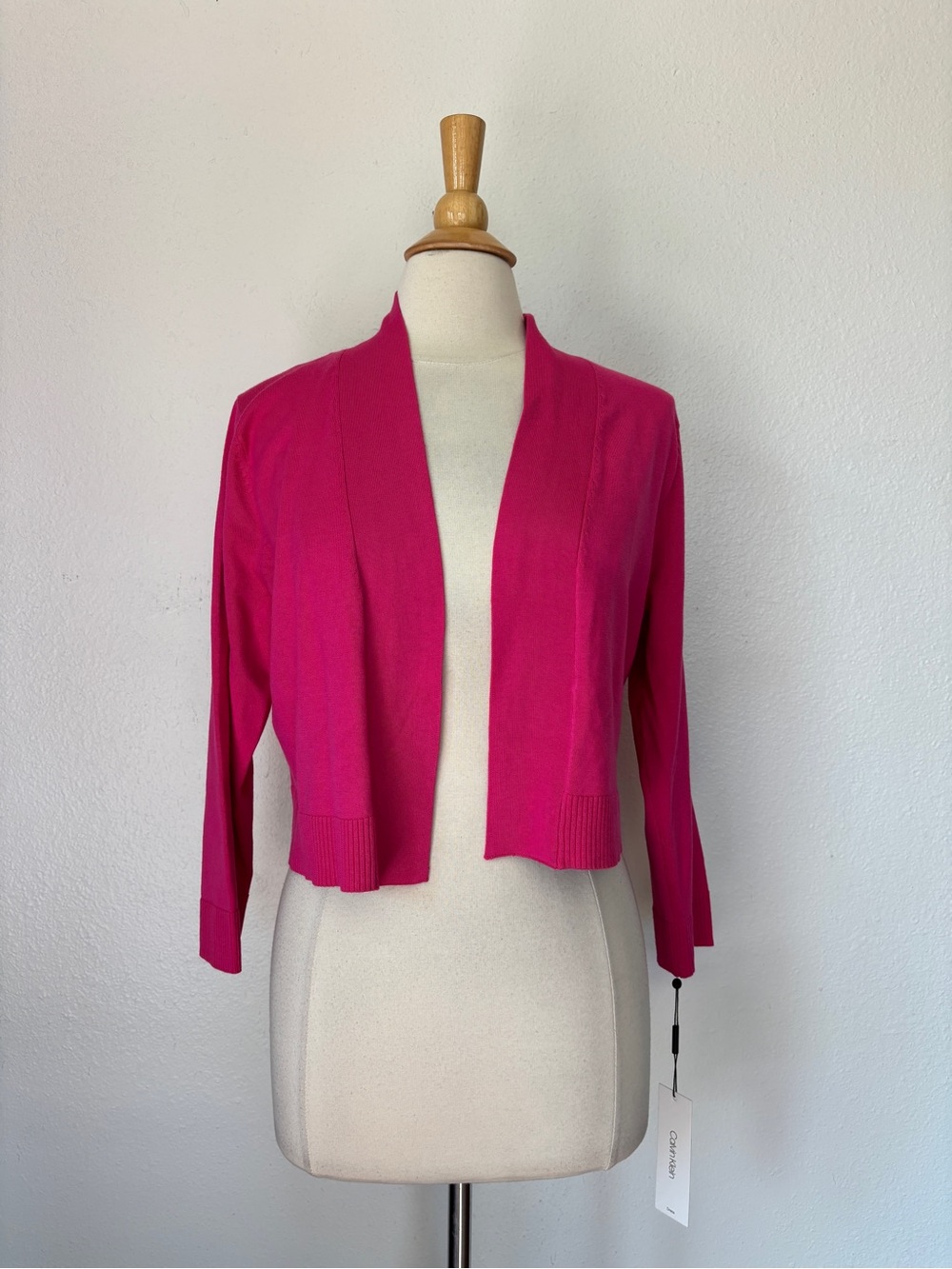 Solid Pink Open Front Cropped 3/4 Sleeve Cardigan